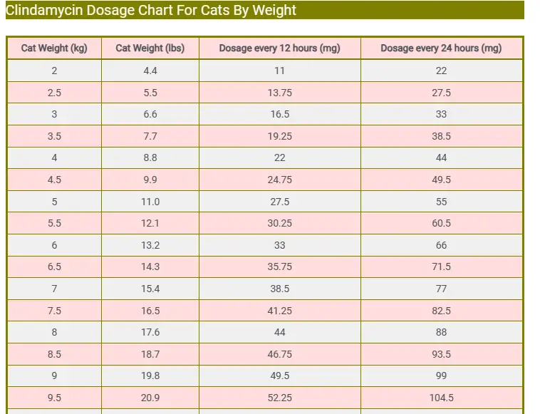 Clindamycin Dosage Chart For Cats By Weight