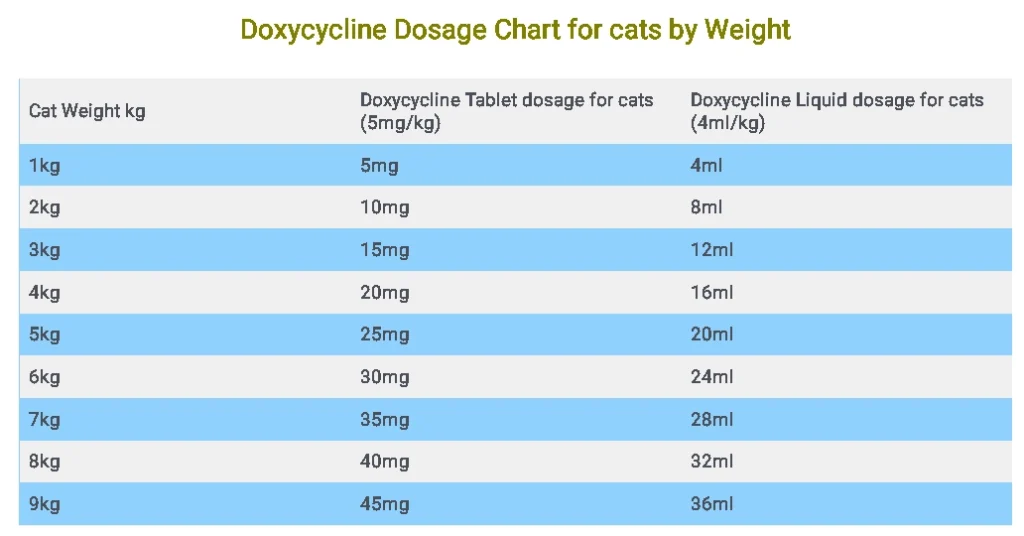 Doxycycline Dosage Chart for cats by Weight