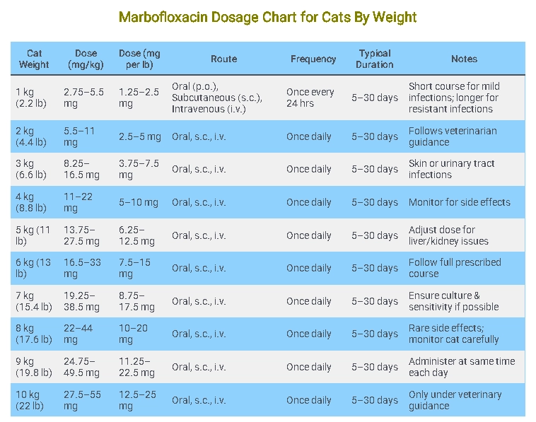 Marbofloxacin Dosage Chart for Cats By Weight