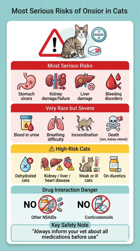 What are the most serious risks of Onsior for cats?