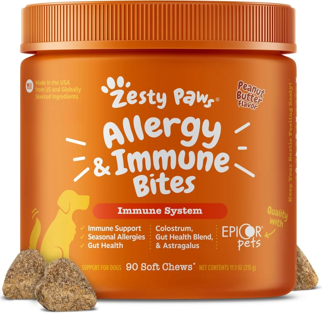 Zesty Paws Allergy Immune Bites - Dog Probiotics Chews, Itchy Skin and Ears, Peanut Butter, 90ct